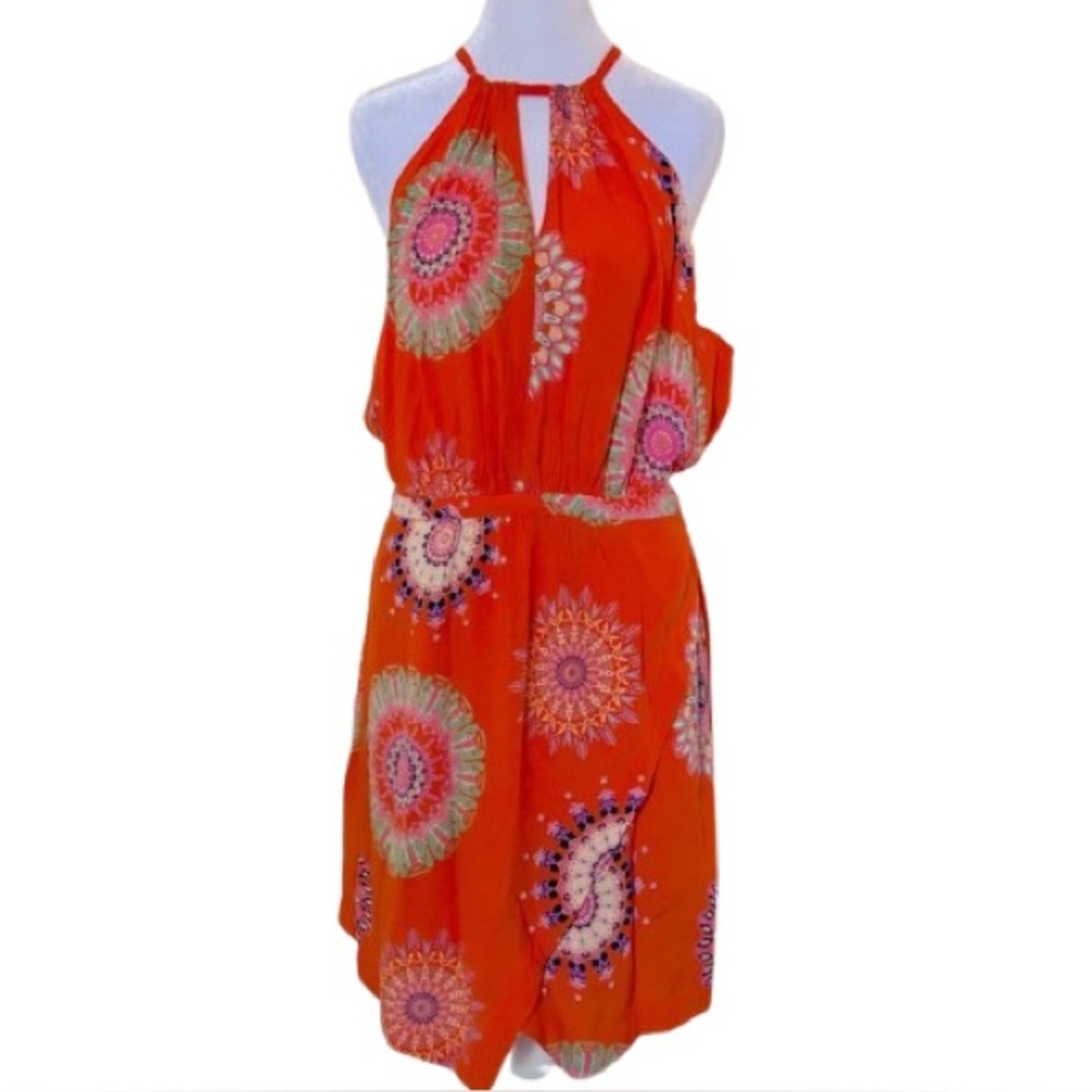 Floreat Anthropologie Sz 12 Vibrant Orange Halter Dress Medallion Boho Summer